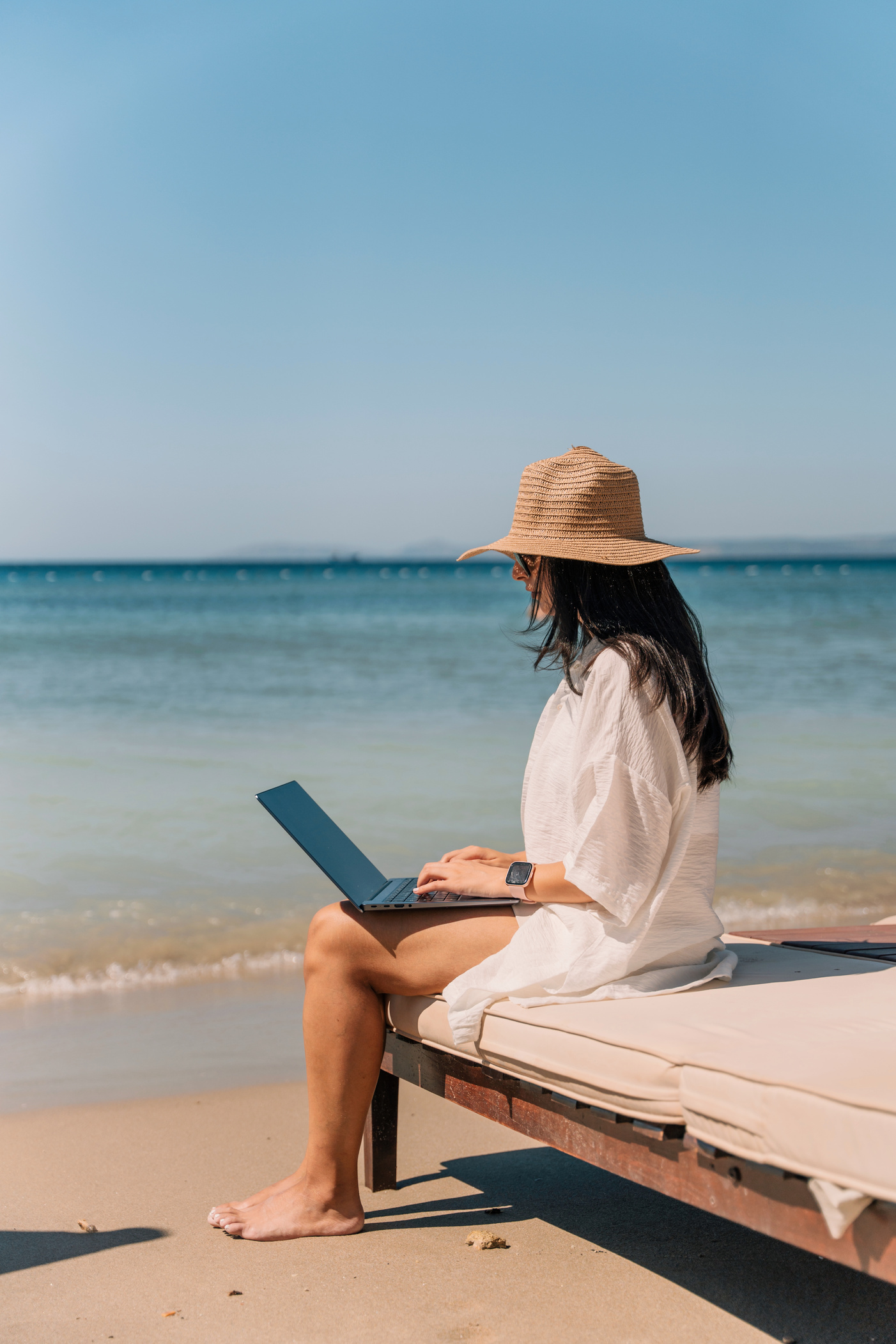 Woman with Laptop Working at the Beach